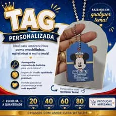 Tag personalizada com efeito 3D e correntinha no tema Mickey Principe/Fazemos qualquer tema
