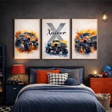 Quadro Decorativo Personalizado Infantil Nome Monster Truck Caminhões Coloridos