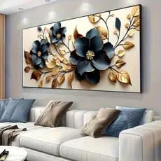 Quadro Decorativo Flores Nobres em Azul e Ouro Elegante Luxo Moderno