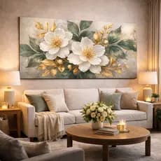 Quadro Decorativo Abstrato Flores Brancas e Douradas com Folhas Verdes Decoração de Parede Para Sala