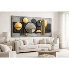 Quadro Decorativo Abstrato Formas Geométricas Pretas e Douradas Impressão Contemporânea Luxo