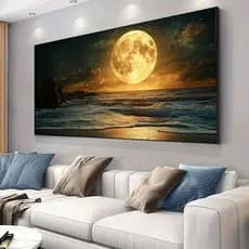 Quadro Decorativo Praia com Lua Cheia Sobre as Ondas Vitral Elegante Luxo Decoração Sala Quarto Hall