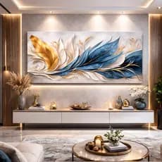Quadro Decorativo Composição Abstrata Penas Douradas e Azuis Decoração de Sala de Estar e Quarto