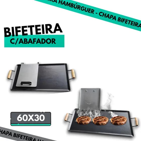 CHAPA BIFETEIRA 60x30 C/PRENSA PARA LANCHES E HAMBÚGUERS