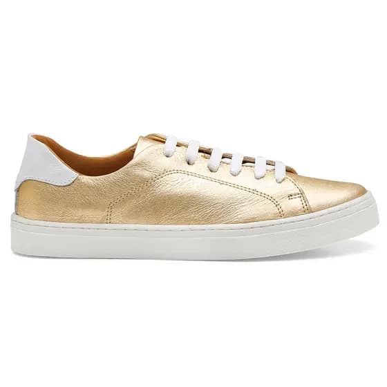Tênis Casual Dourado Metalizado Moderno Em Couro Moda Blogueira