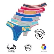 Kit 10 calcinhas femininas, cores variadas, estampadas , G/GG, promoção, oferta, barata, revenda, fio dental.