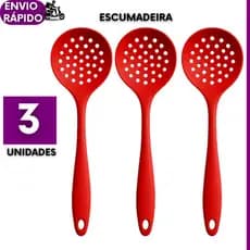 Escumadeira de Silicone Vermelha 3 ou 2 un Premium 28,5cm Para Cozinha Flexível Resistente Fácil de Limpar