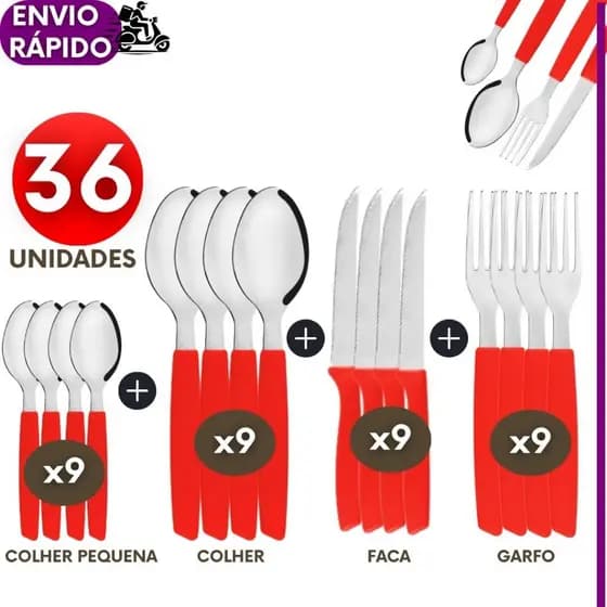 KIT 36, 20 ou 12 Talheres Faqueiro Colher Garfo Faca Colher pequena Inox Cabo Vermelho