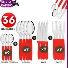 KIT 36, 20 ou 12 Talheres Faqueiro Colher Garfo Faca Colher pequena Inox Cabo Vermelho