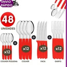 KIT 48, 24 ou 16 Talheres Faqueiro Colher Garfo Faca Colher pequena Inox Cabo Vermelho