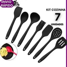 Kit 07 Utensílios De Cozinha Premium Silicone Preto Colher Concha Escumadeira Espátulas Pincel