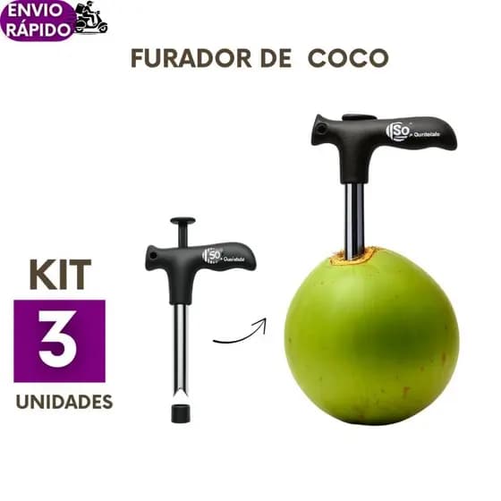 Kit 3 ou 2un Furador Abridor de Coco 13 cm Aço Inox Manual Haste Removível Ideal Cozinha Bares Quiosques de Praia