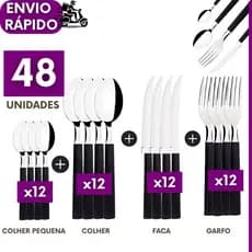 Kit 48, 24 ou 16 Talheres Faqueiro Colher Garfo Faca Colher de Chá Inox Cabo Preto