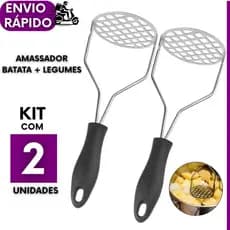 Kit 2 Amassador de Batatas unidade Espremedor Manual Legumes Multiuso Aço Inox Cabo Preto Cozinha