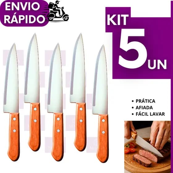 Kit 5 ou 2 un. Faca de Cozinha Inox Profissional 7” Cabo de Madeira e Lâmina Afiada