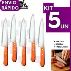 Kit 5 ou 2 un. Faca de Cozinha Inox Profissional 7” Cabo de Madeira e Lâmina Afiada