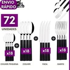 Kit 72, 36 ou 20 Talheres Faqueiro Colher Garfo Faca Colher de Chá Inox Cabo Preto