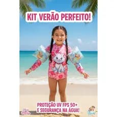 conjunto uv50 praia camisa + Calcinha infantil criança personagens proteção solar menina piscina+ 1 par de boia de braço