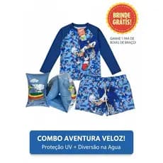 Sunga com FORRO + Blusa UV personagem menino praia natação + 1 par de boia  de braço