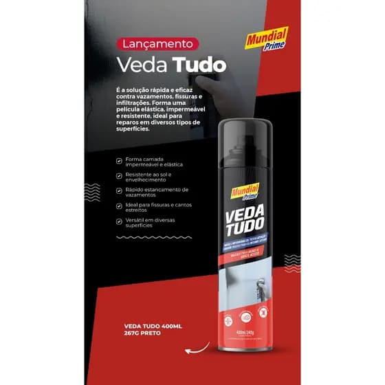Spray Emborrachado Manta Impermeabilizante Telhado Calha PVC VEDA TUDO 400ML - MUNDIAL PRIME (SPRAY)