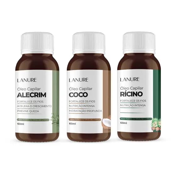 Kit Terapia Capilar 3 Óleos Lanure Óleo de Alecrim + Coco + Rícino 60ml Tratamento Capilar