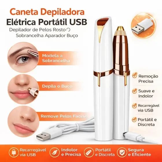 Caneta Depiladora Elétrica Portátil USB Depilador de Pelos Rosto Sobrancelha Aparador Buço