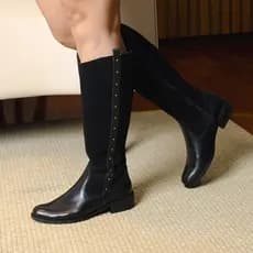 Bota Montaria Feminina Couro Legítimo Cano Alto Rodeio Cavalgada Salto Baixo Confortável Zíper Lateral Luxo Envio Rápido