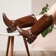 Bota Western Feminina Couro Legítimo 2 em 1 Estribo Removível Cano Alto Country Rodeio Salto Bloco 5cm Elegante