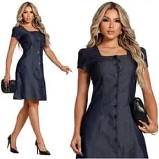 Vestido Jeans Feminino Moda Evangelica de Botoes com Manga Princesa