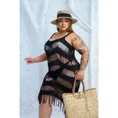 Saída de Praia Plus size Curta Feminina Moda Praia verão Saida de Praia Plus size saida franja
