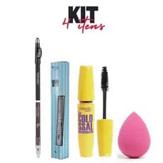Kit Maquiagem febella 3 em 1 – Lápis Duo + Máscara Volume + Esponja Base Gota