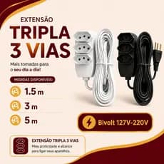 Extensão Elétrica C/1,5 /3 /5 Metros (Branco ou Preto) cabo PP 2P+T Fio Reforçado 3 Tomadas Tripolar Bivolt 10A