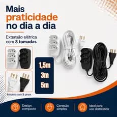 Extensão Elétrica 1,5m (Branco ou Preto) cabo PP 2P+T  Fio Reforçado 3 Tomadas Tripolar Bivolt 10A