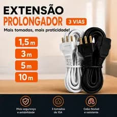 Extensão Elétrica - Cordão Prolongador Cabo Reforçado 2P+T Bivolt 10A (Branco ou Preto)