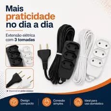 Extensão Elétrica  (Preto ou Branco) cabo PL Bivolt 10A