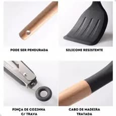 Kit Utensílios de Cozinha 12 Peças Silicone com Cabo de Madeira e Suporte – Cinza