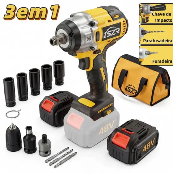Parafusadeira Furadeira e Chave De Impacto 48v 02 Baterias Sem Fio Soquetes com Maleta Profissional