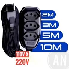 Extensão Elétrica 3, 5 e 10 Metros Preta 3 Tomadas Bivolt - Plus Plug Extensor