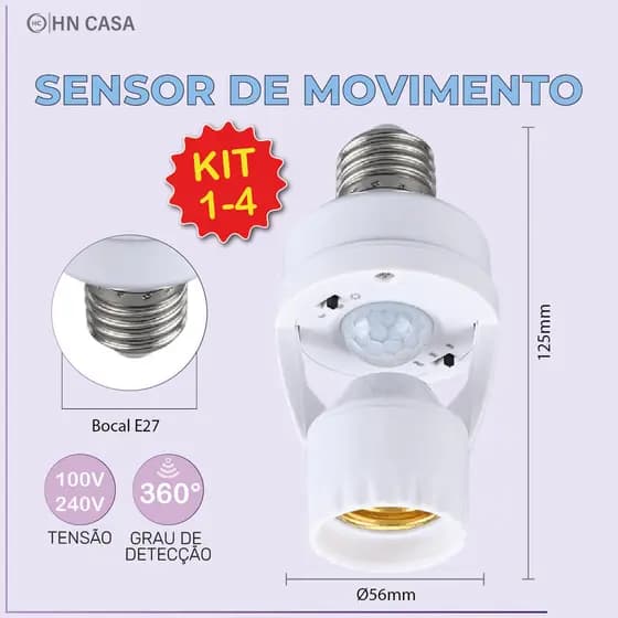 Kit 4 Sensor de Movimento para lâmpada Soquete E27 c/ sensor de presença Bivolt 110V~220V Max 60W