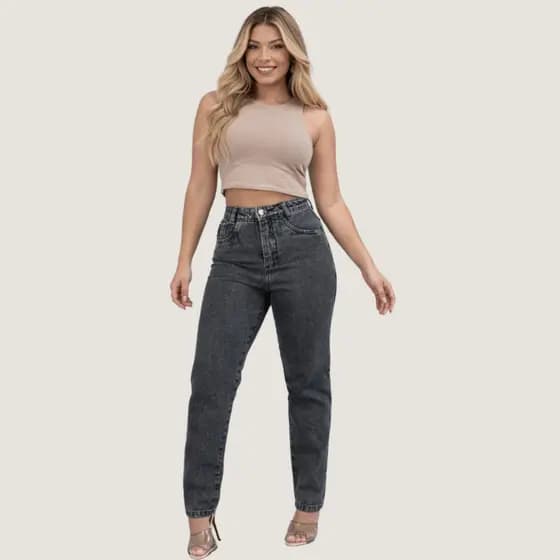 Calça Mom Jeans Feminina Cintura Alta Cinza Grafite Premium Moda Casual Urbana Tamanhos 34 ao 46