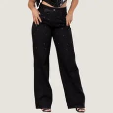 Calça Wide Leg Feminina Preta Cintura Alta Com Brilho Strass