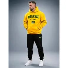 conjunto moletom flanelado unissex masculino feminino estilosa seleção brasil copa de frio canguru bolso e capuz