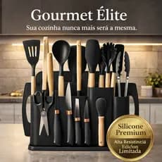 Kit Utensílios de Cozinha 19 Peças Silicone com Cabo de Madeira Completo e Resistente