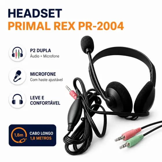Fone Headset Microfone PC Desktop Gamer Telemarketing Primal Rex PR-2004 Cabo 1.8m Plug P2 Duplo