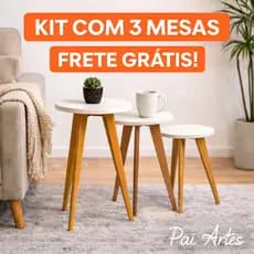 Kit 3 Mesas de Apoio Redondas 100% MDF – Pé Madeira – Decoração Sala Quarto