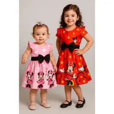 VESTIDO INFANTIL MENINA MINNIE VERMELHO E MINNIE ROSA