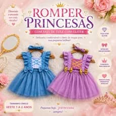 VESTIDO INFANTIL ROMPER LILÁS E AZUL PRINCESAS SÓFIA E CINDERELA
