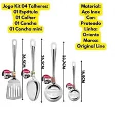 Kit 4 Utensílios De Cozinha Para Servir 100% Aço Inox Colher Concha Escumadeira Espátulas Mini Conch