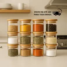 Kit Potes de Vidro com Tampa de Bambu Hermético Mantimentos Condimentos Empilhaveis