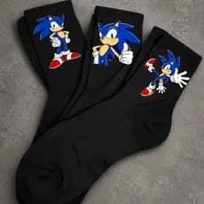 Kit 3 Pares Meias Pretas Estampadas Personagem Azul Cano Médio 33-43 Confortável